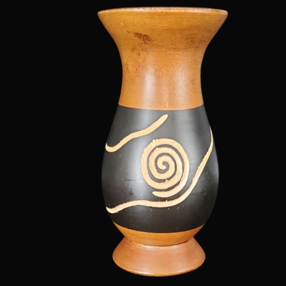 Mango Wood Vase Brown and Black Handcarved 6.5" H